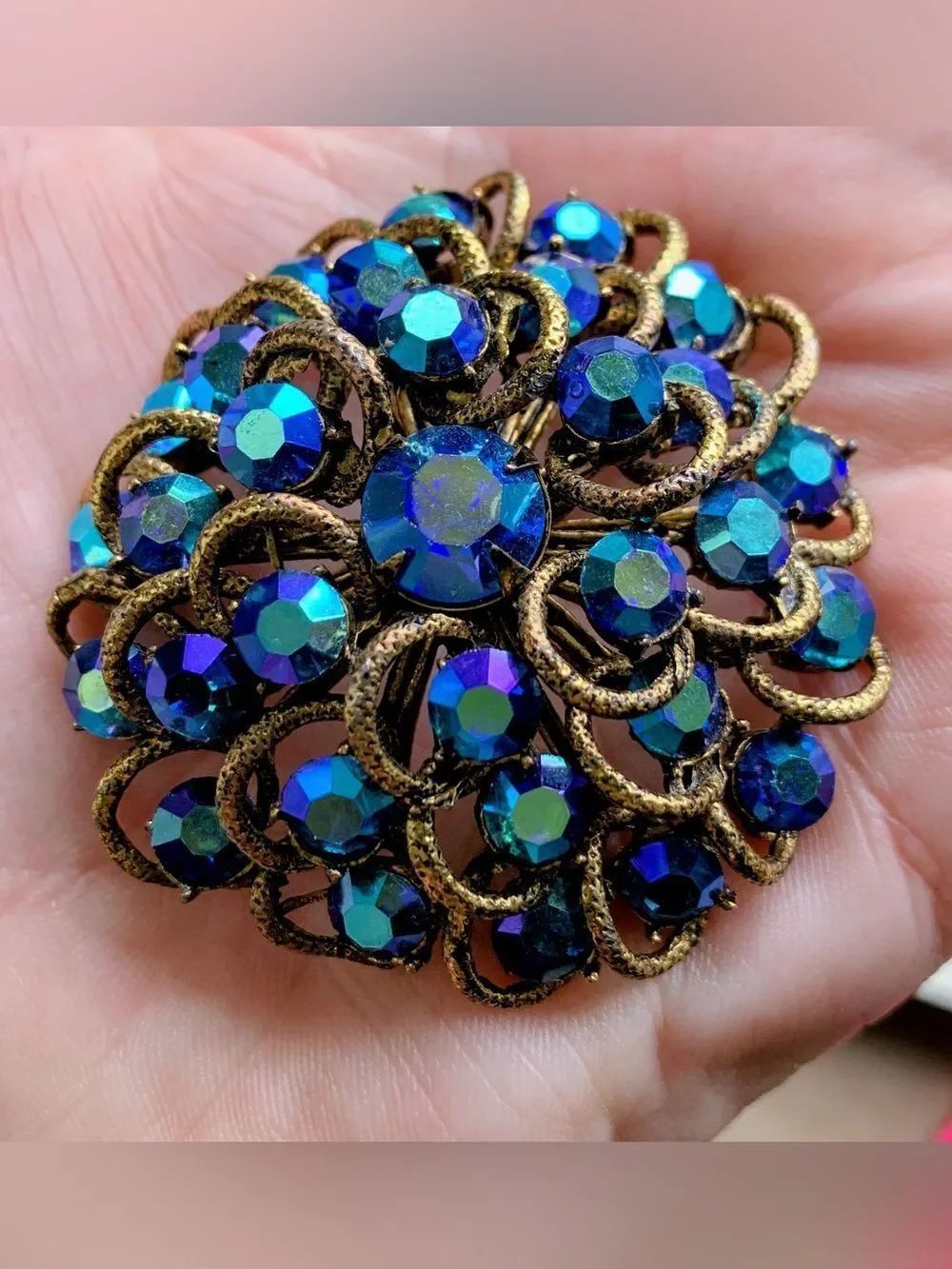 Vintage Blue Aurora Crystal Floral Brooch - Women Jewelry
